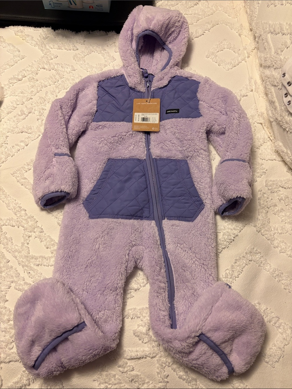 Eddie Bauer Quest Fleece Lavender Hooded One-Piece Footed Snowsuit. 12-18 months